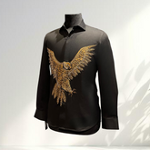 Black shirt with gold eagle embroidery on a white background