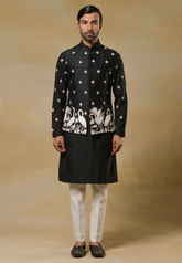 Black Raw Silk Bundi Kurta Set