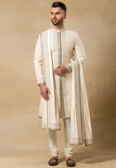 Cream Embroidered Sherwani Set
