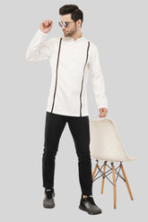 Elegant White Short Kurta with Black Lace Accents for Men