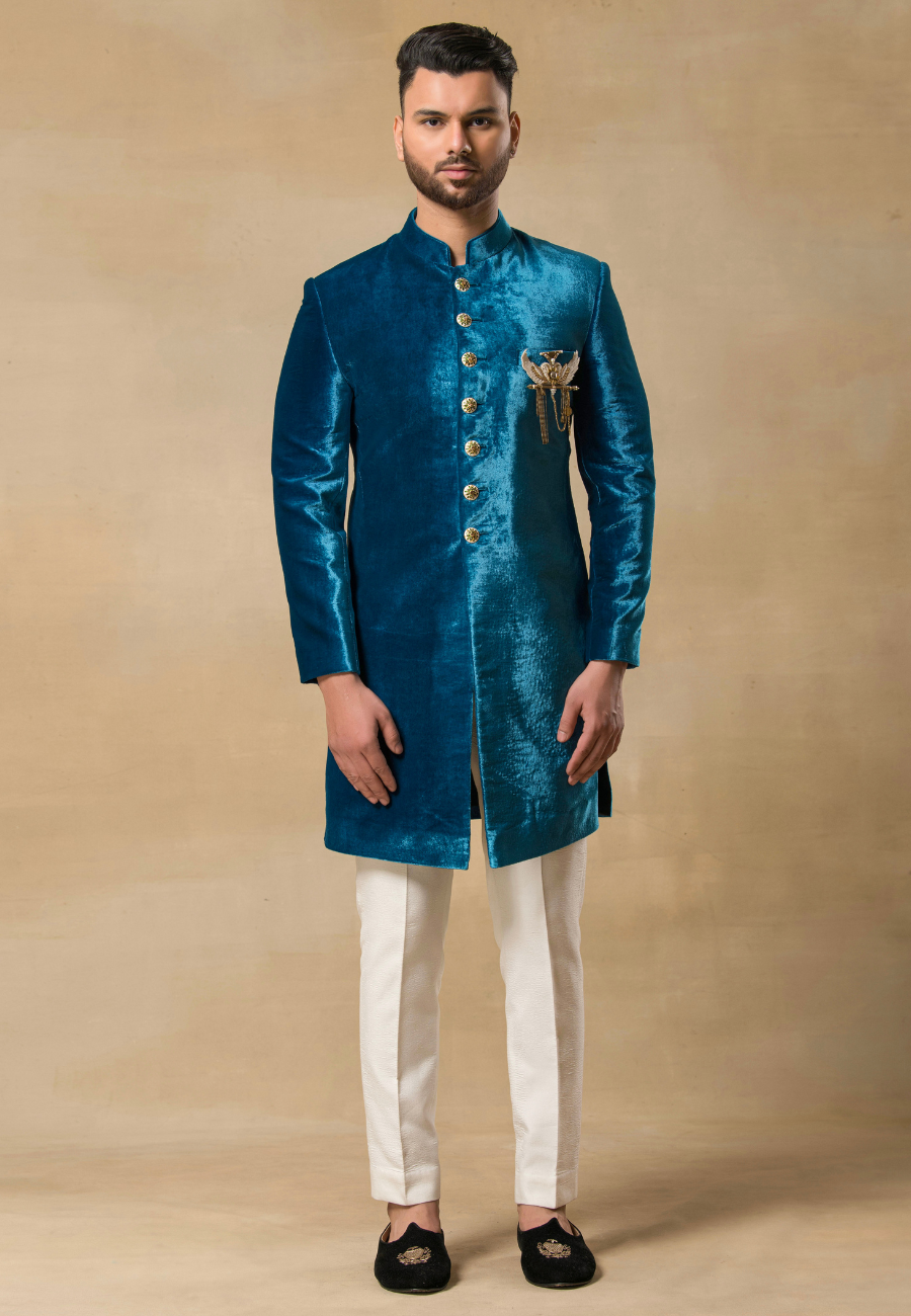 Elegant Sky Blue Micro Velvet Indo Western Set for Modern Men