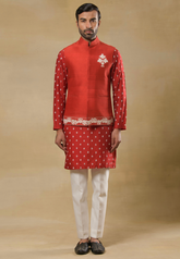 red Color Kurta Bundi Set for Men