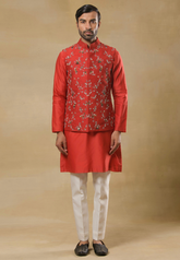 red Embroidered Bundi Kurta Set