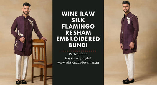 The Stylish Wine Raw Silk Flamingo Resham Embroidered Bundi