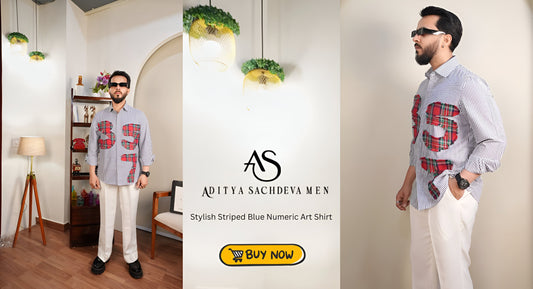 Stylish Striped Blue Numeric Art Shirt Handcrafted Elegance for Any Occasion