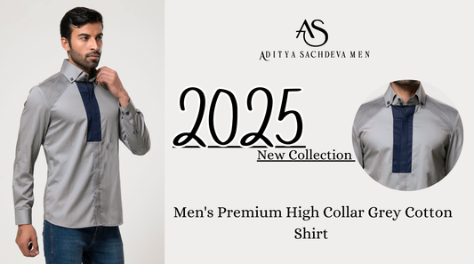 Men's Premium High Collar Grey Cotton Shirt by Aditya Sachdeva Men