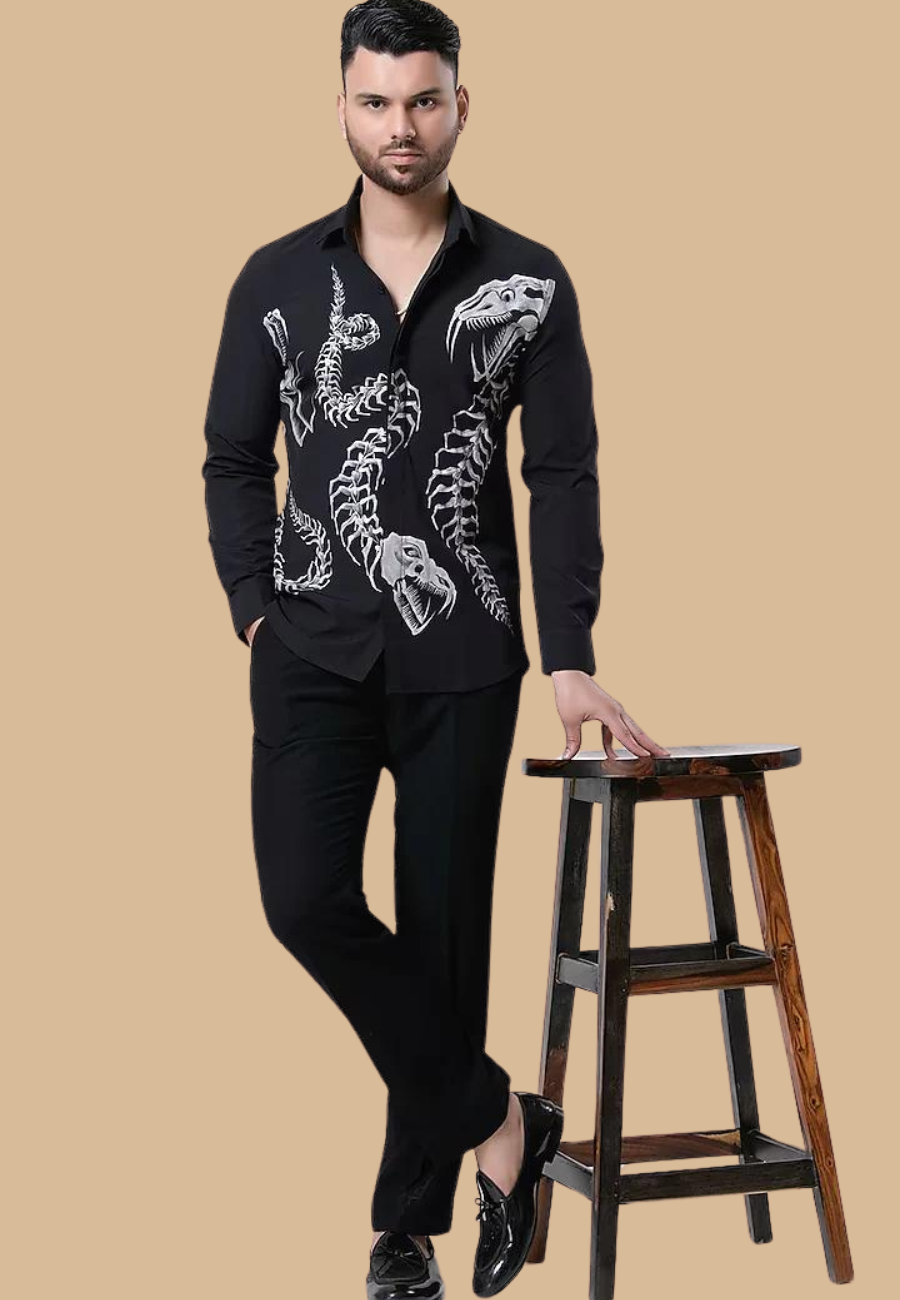 Black Italian Crepe Printed Shirt With Pant Combo