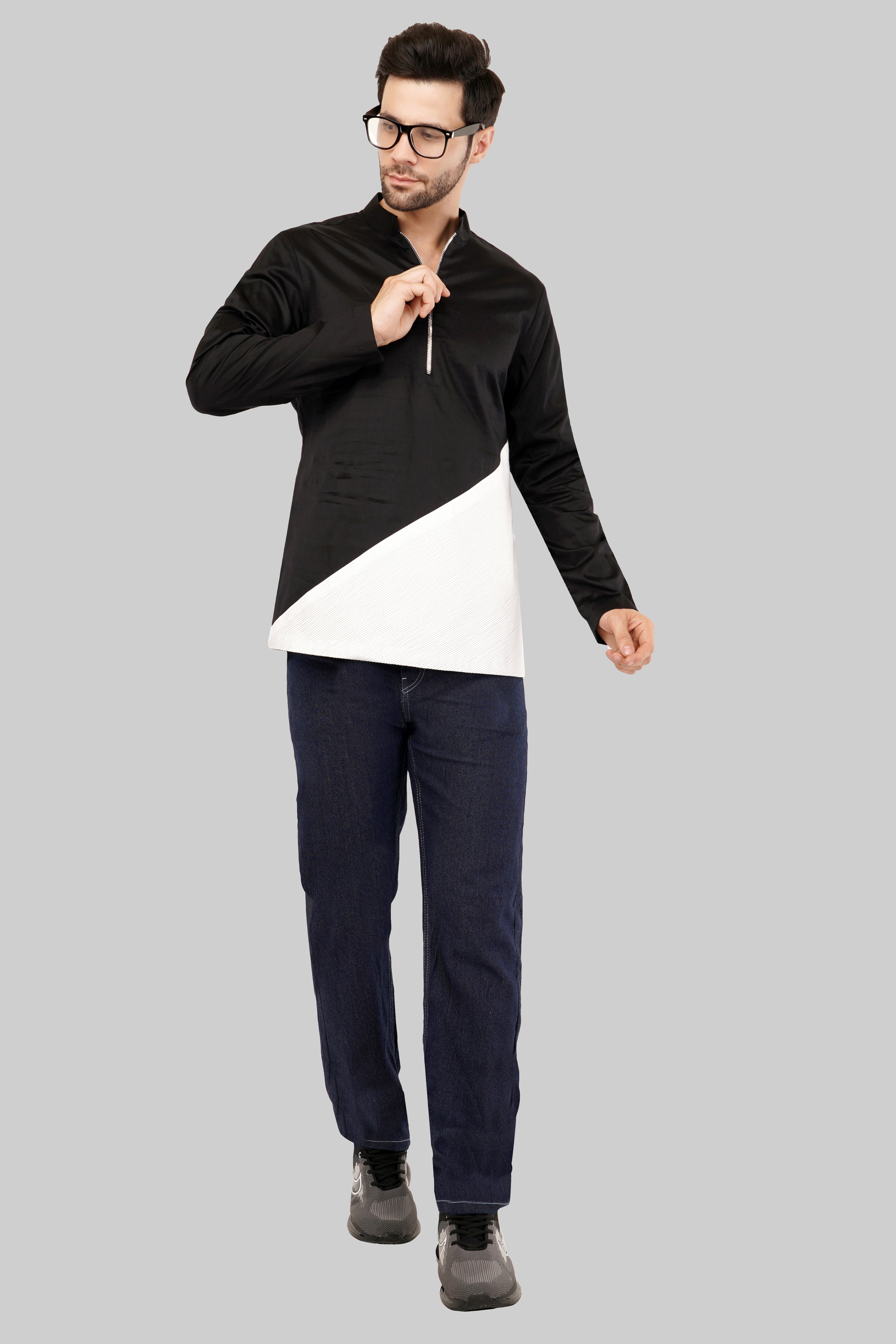 Black & White Ethnic Short Kurta - For Men’s Elegant Look
