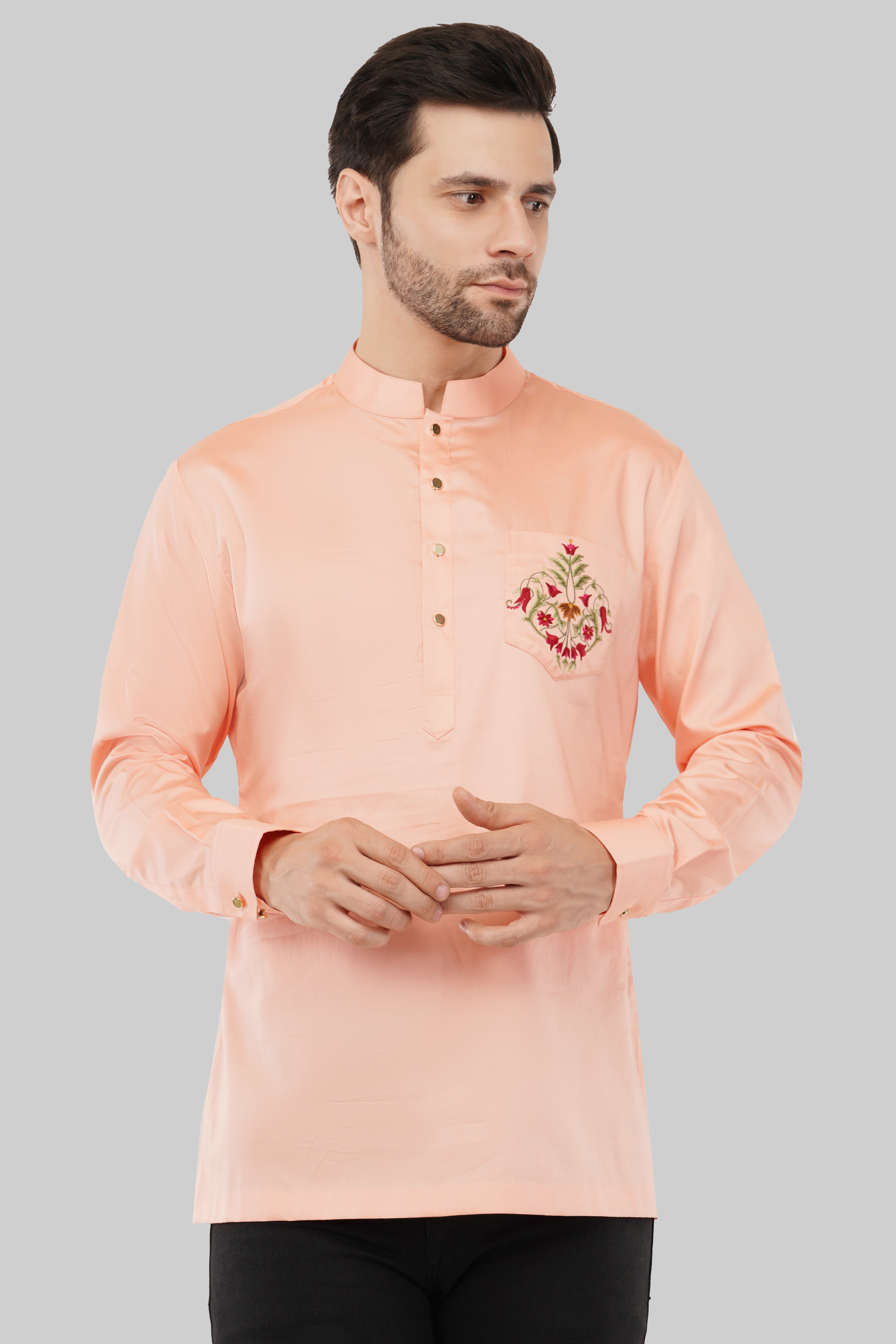 Blissful Blooms: Pink Pocket Floral Short Kurta
