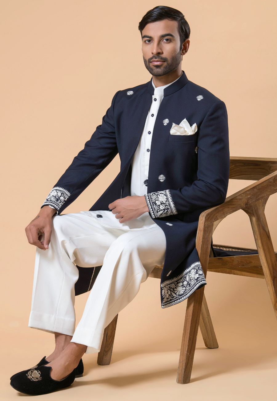 Blue Italian Crepe Fabric Indo Western Set
