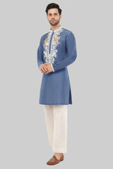 Stylish Sky Blue Bird Embroidery Kurta for Men
