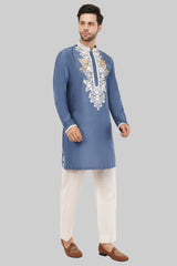 Stylish Sky Blue Bird Embroidery Kurta for Men