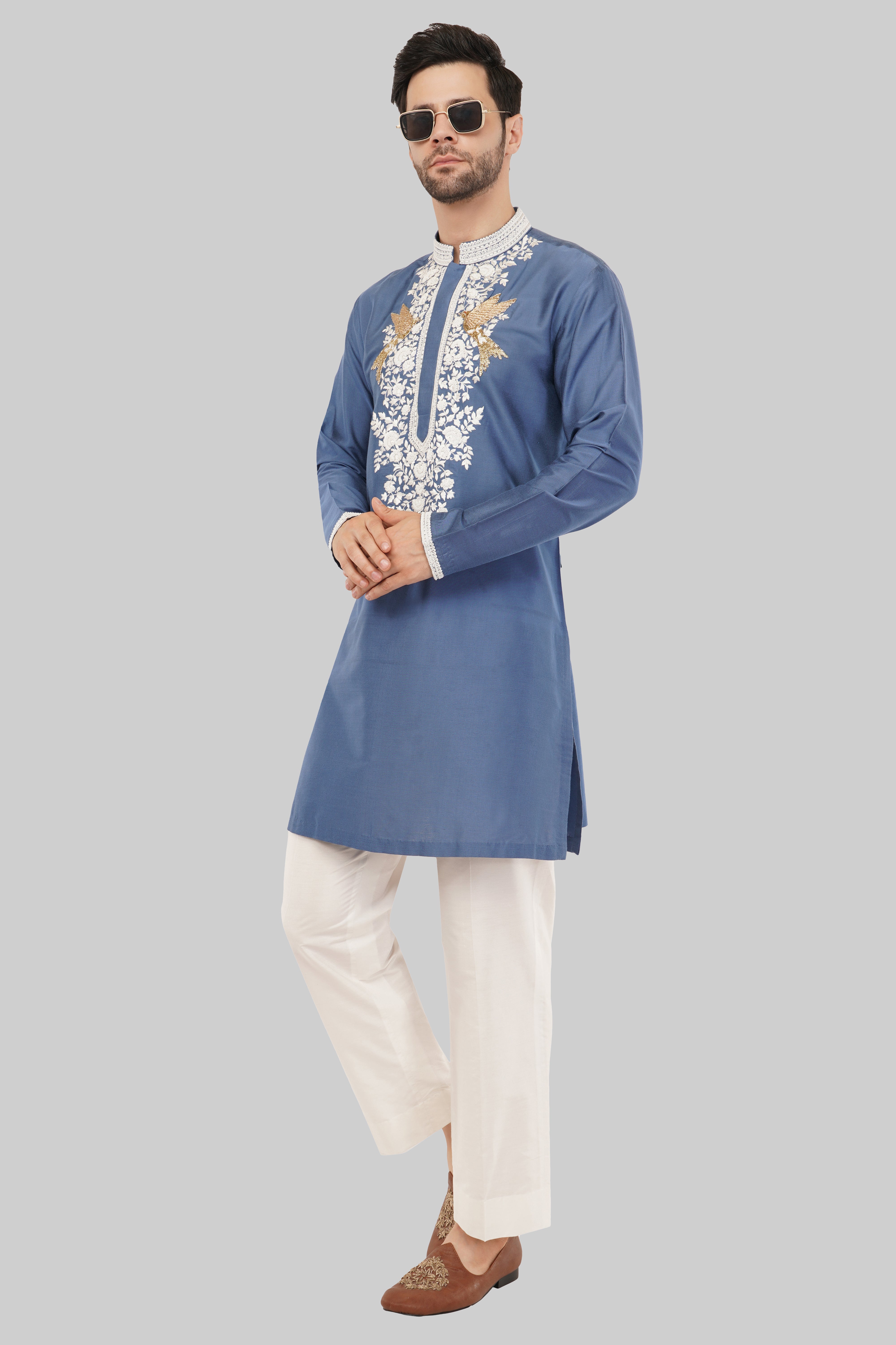 Stylish Sky Blue Bird Embroidery Kurta for Men