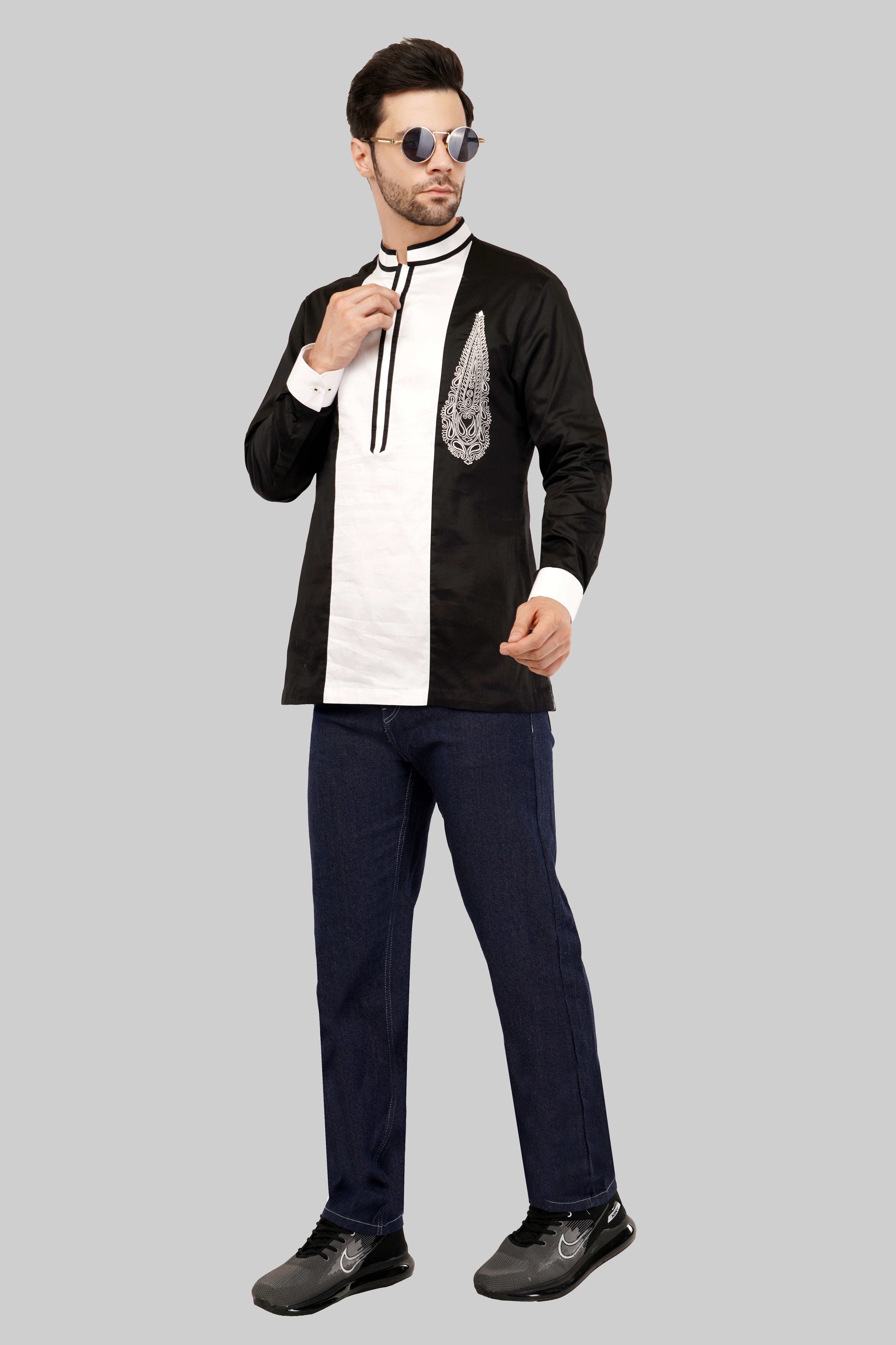 Men's Stylish Black & White Short Kurta