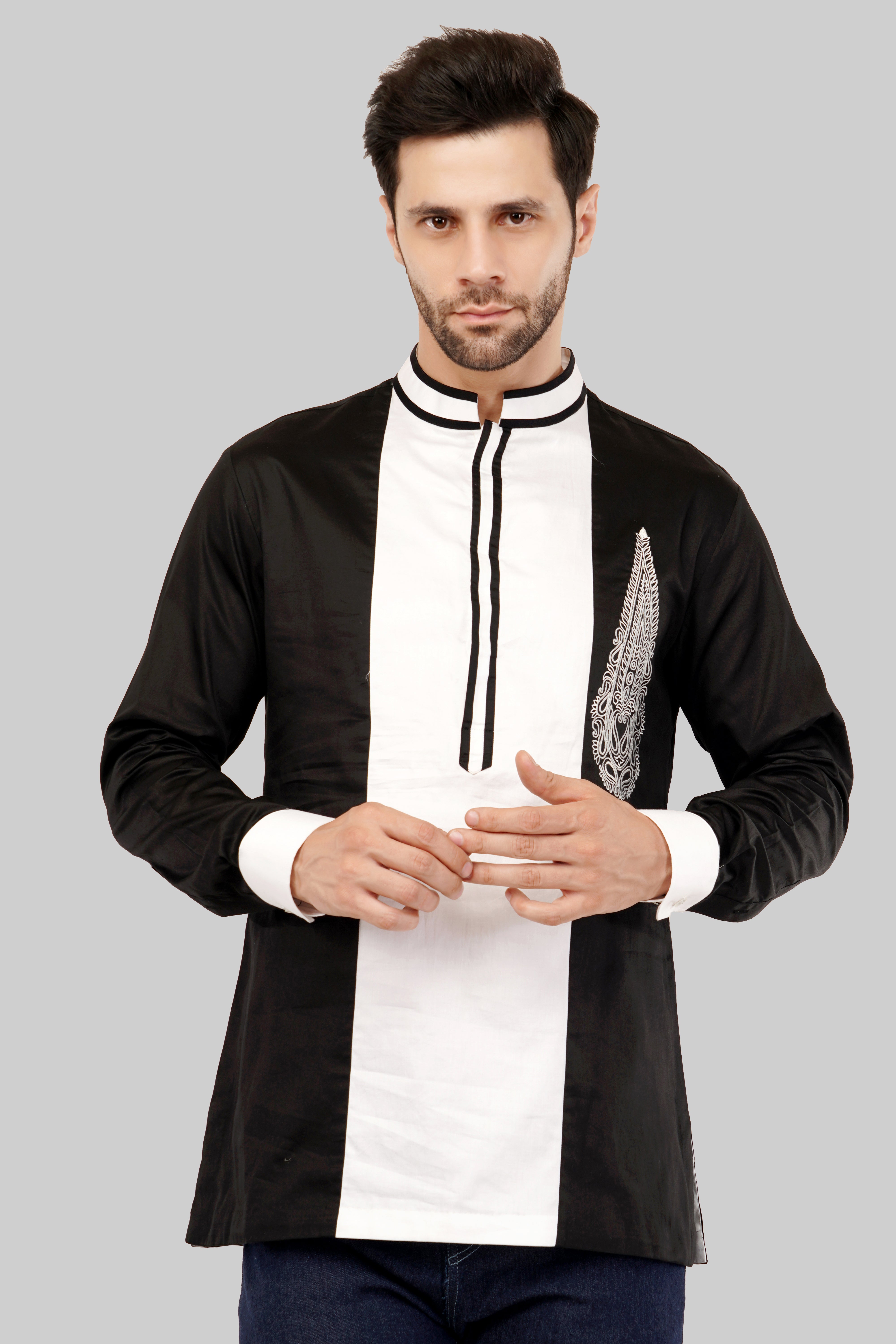 Elegant Black & White Short Kurta for Men
