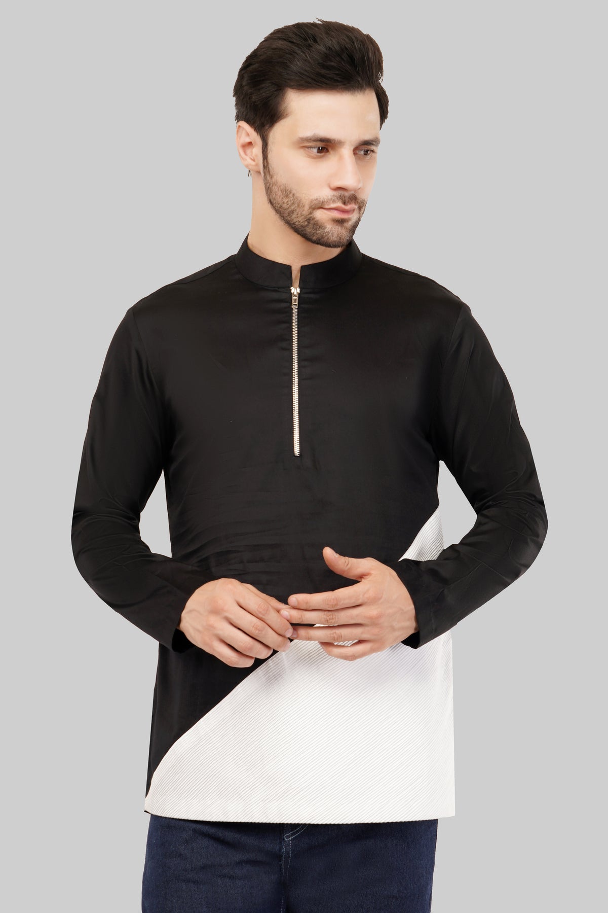 Elegant Black & White Short Kurta for Men - Perfect for Diwali
