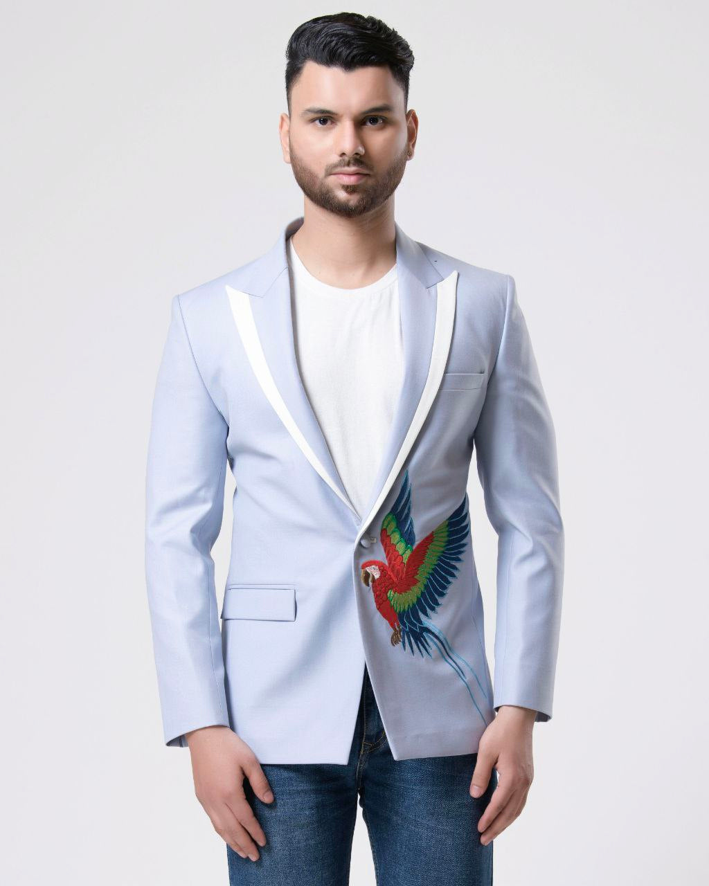 Chic Blue Birds Design Blazer for Modern Men - Main Image