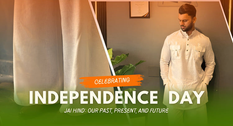 Man standing in a room with text celebrating Independence Day.