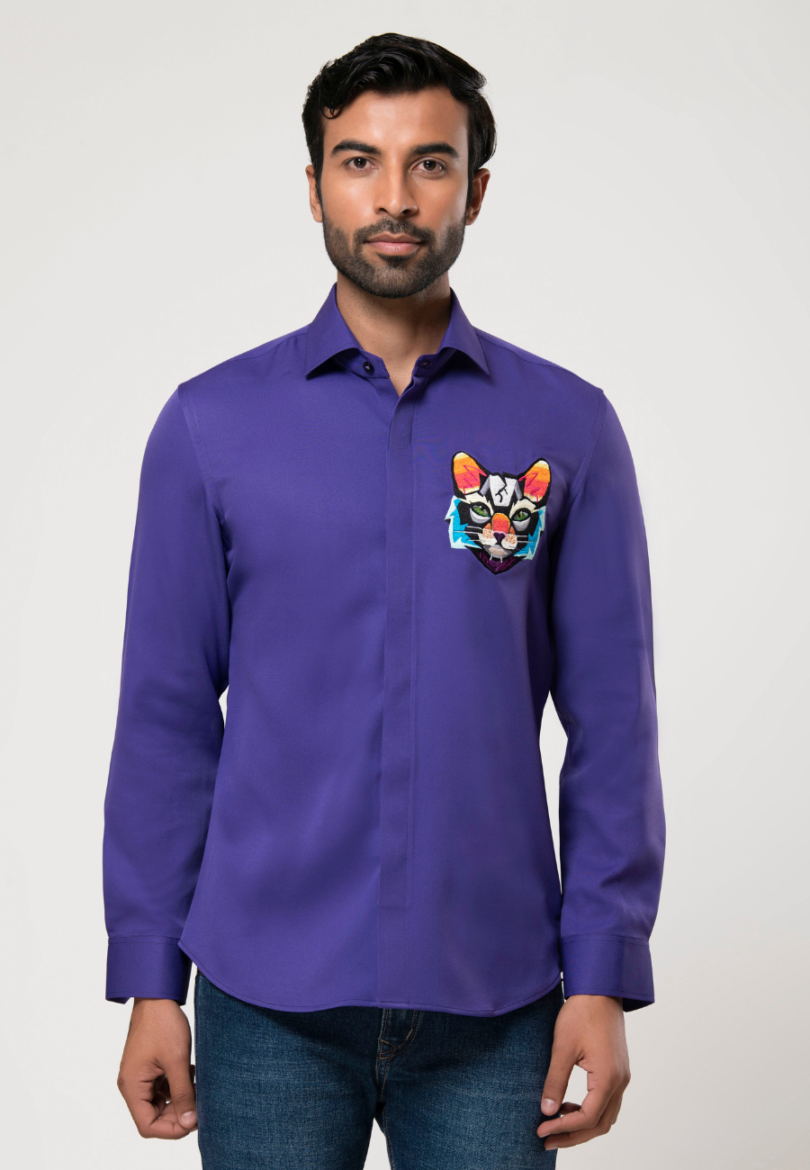 a purple shirt